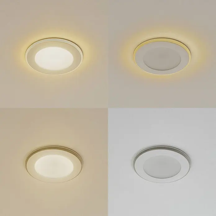 Lindby Einbauleuchte Toka - weiß / opal - Runde LED-Deckenleuchte, die verschiedene Weißlichttemperaturen, einschließlich eines warmen Halo-Effekts, zeigt.