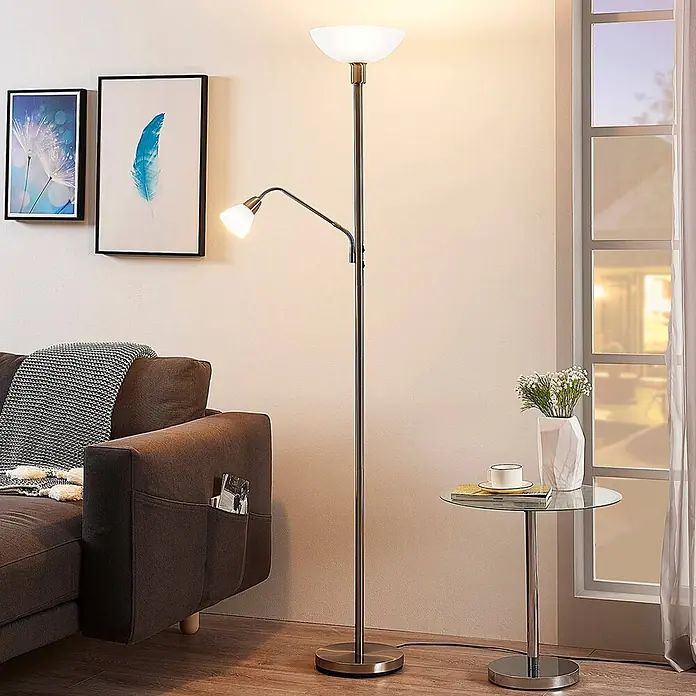Lindby Stehlampe, Deckenfluter verstellbarer Lesearm, ohne Leuchtmittel -  - Stehlampe aus gebürstetem Metall mit Deckenfluter und verstellbarer Leselampe.