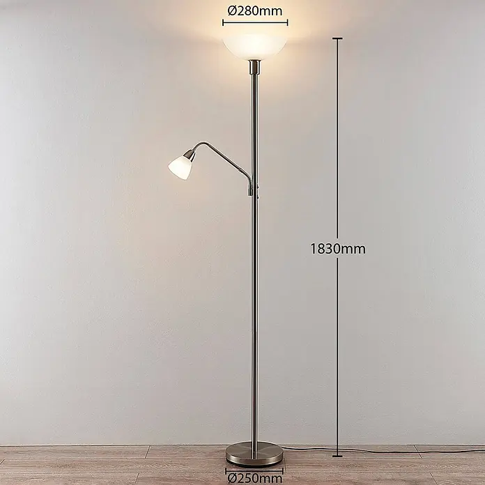 Lindby Stehlampe, Deckenfluter verstellbarer Lesearm, ohne Leuchtmittel -  - Stehlampe aus gebürstetem Nickel mit Deckenfluter und Leselampe, weißen Glasschirmen. 1830mm hoch, Schirm Ø280mm, Fuß Ø250mm.