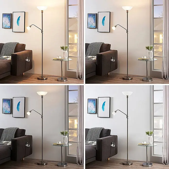 Lindby Stehlampe, Deckenfluter verstellbarer Lesearm, ohne Leuchtmittel -  - Bronzefarbene Stehlampe mit nach oben gerichtetem Hauptlicht und verstellbarer Leselampe, beleuchtet eine Wohnzimmerecke.