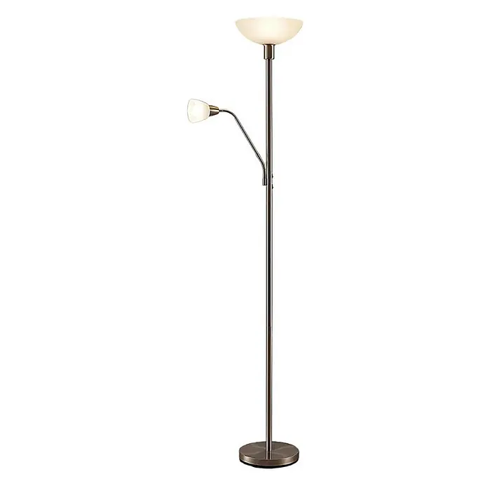 Lindby Stehlampe, Deckenfluter verstellbarer Lesearm, ohne Leuchtmittel -  - Stehlampe aus gebürstetem Metall mit Uplight und verstellbarer Leseleuchte aus Milchglas.