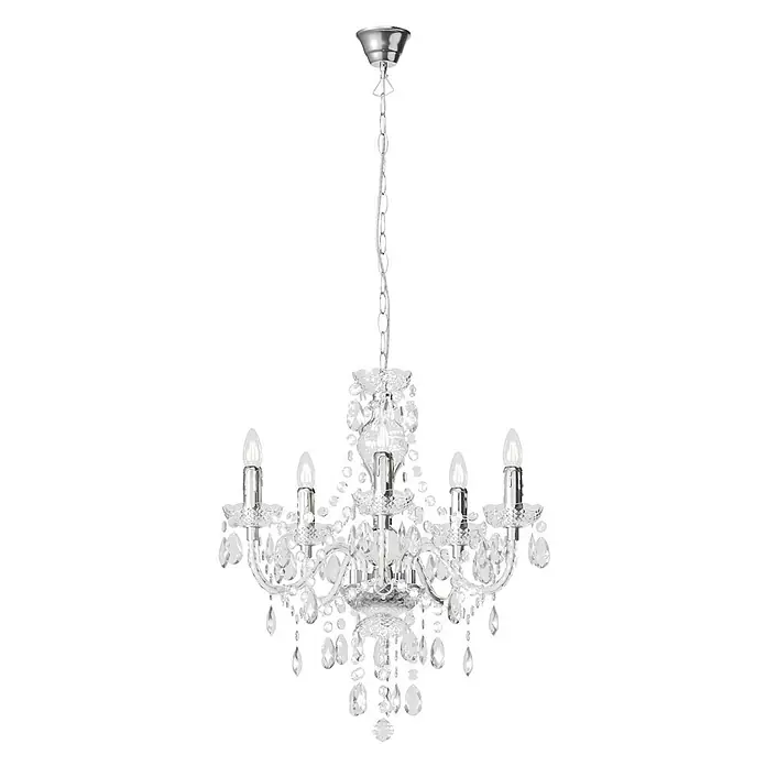 Lindby Kronleuchter in transparent, chrom, Hängelampe Chandelier -  - Eleganter Kristall-Kronleuchter mit mehreren Armen, Kerzenlampen und klaren Kristalltropfen, hängend an einer silbernen Kette und Deckenrose.