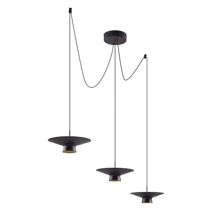 Lindby LED Pendelleuchte in schwarz, dimmbar up down Hängelampe -  - Schwarze 3-flammige Pendelleuchte mit scheibenförmigen Schirmen, goldenen Innenseiten und dekorativ verlegten Kabeln.