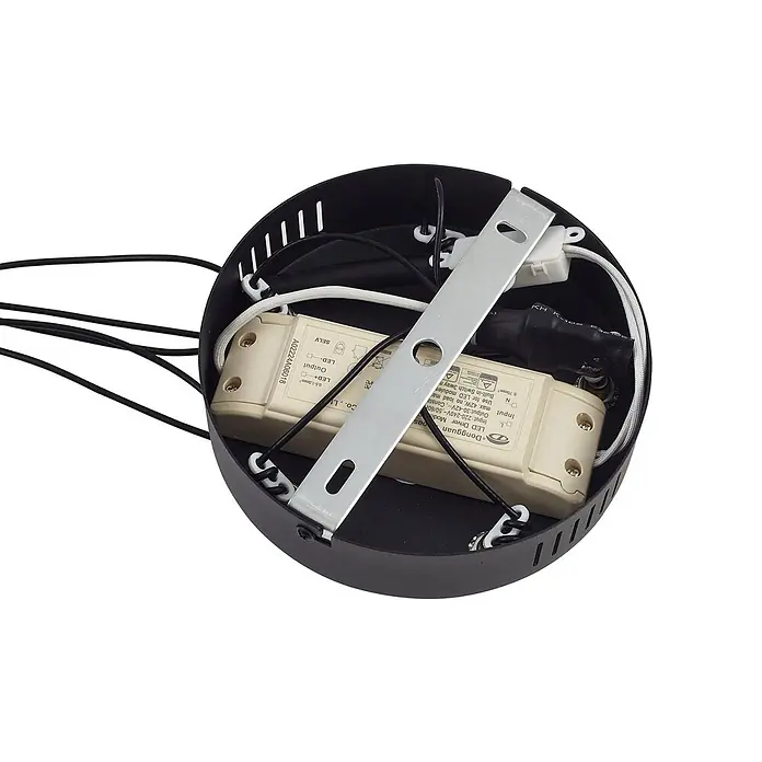 Lindby LED Pendelleuchte in schwarz, dimmbar up down Hängelampe -  - Innenansicht eines schwarzen Lampensockels mit zwei beigefarbenen LED-Treibern, Verkabelung und einer Metallhalterung.