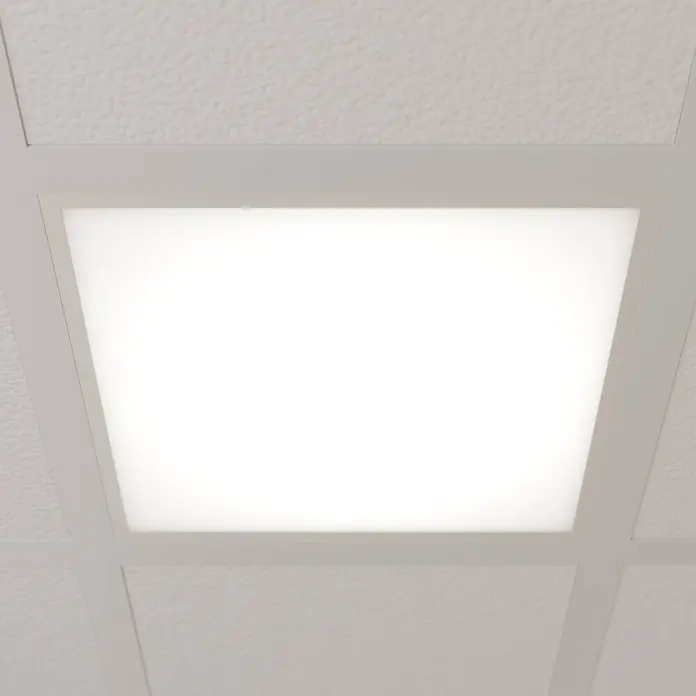 Arcchio LED Panel Deckenleuchte in weiß, Deckenlampe Büro -  - Quadratische weiße beleuchtete LED-Deckenplatte, in ein Rasterdeckensystem eingesetzt.