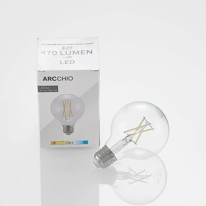 Arcchio Leuchtmittel -  - Klare LED-Filamentbirne mit E27-Sockel und "ARCCHIO"-Verpackung, zeigt "warmweiß, 470 Lumen, 4W, 2700K" Spezifikationen.