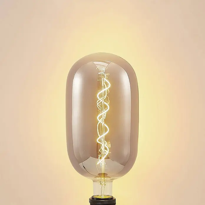 Lucande LED-Lampe E27 T140 LED 4W - E27, Nicht Dimmbar, Warmweiß, 120 lm, 4 W - Beleuchtete LED-Glühbirne aus Rauchglas mit Spiralfaden und schwarzem Sockel, die warmes Licht ausstrahlt.