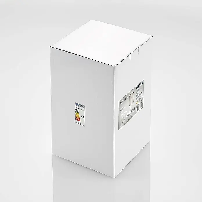 Lucande LED-Lampe E27 T140 LED 4W - E27, Nicht Dimmbar, Warmweiß, 120 lm, 4 W - Weißer Karton mit Energielabel und Produktinformationsetikett für Lucande 80 Lumen Glühbirne.
