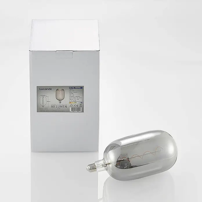 Lucande LED-Lampe E27 T140 LED 4W - E27, Nicht Dimmbar, Warmweiß, 120 lm, 4 W - Große, silberbeschichtete LED-Filamentlampe in länglicher Form, neben der Verpackung.