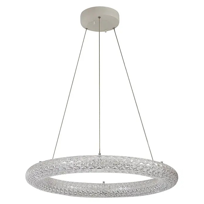 Lucande LED Pendelleuchte Smart Home in transparent, dimmbar Hängelampe -  - Kreisrunder klarer Kristall-Kronleuchter mit strukturierter Oberfläche, an drei Drähten von einer weißen Deckenhalterung hängend.