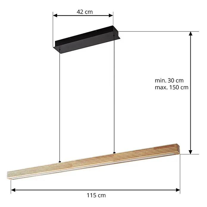 Lucande LED Pendelleuchte in hellbraun, schwarz, dimmbar Hängelampe -  - Lineare Holz-Pendelleuchte, 115 cm lang, mit schwarzem Baldachin und höhenverstellbarer Aufhängung (30-150 cm).