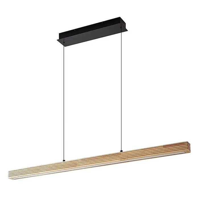 Lucande LED Pendelleuchte in hellbraun, schwarz, dimmbar Hängelampe -  - Lineare Pendelleuchte mit schwarzer Deckenhalterung und hellem Holzlamellenschirm.