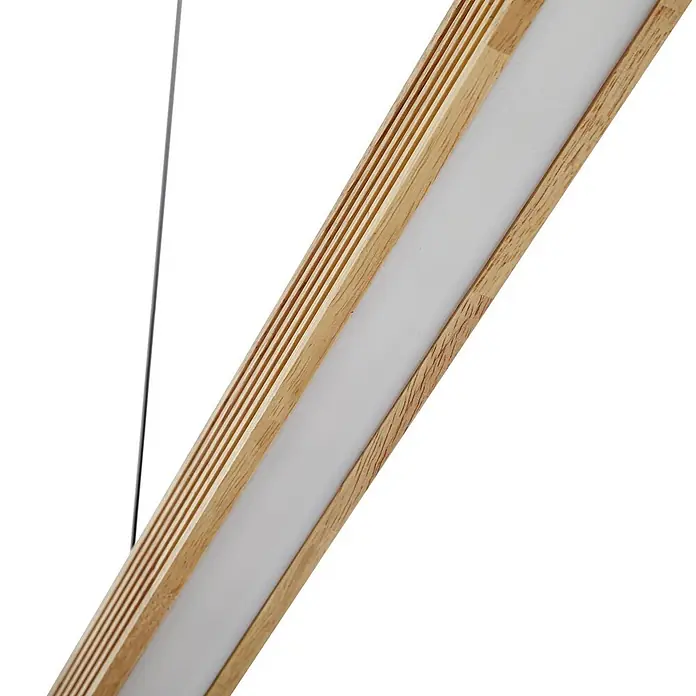 Lucande LED Pendelleuchte in hellbraun, schwarz, dimmbar Hängelampe -  - Lineare Pendelleuchte aus Holz mit weißem Diffusor, an einem Draht aufgehängt.