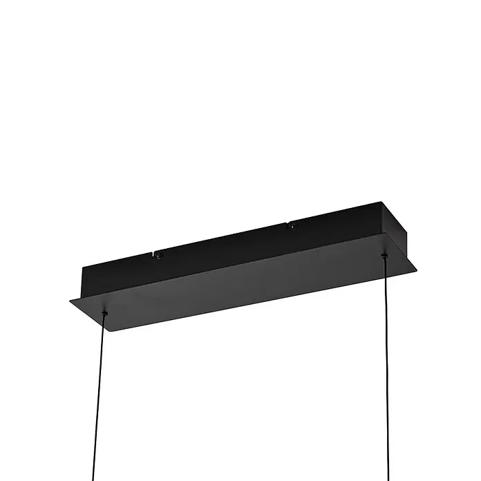 Lucande LED Pendelleuchte in hellbraun, schwarz, dimmbar Hängelampe -  - Schwarze, rechteckige Deckenbefestigung für eine Pendelleuchte, aus der Aufhängedrähte austreten.