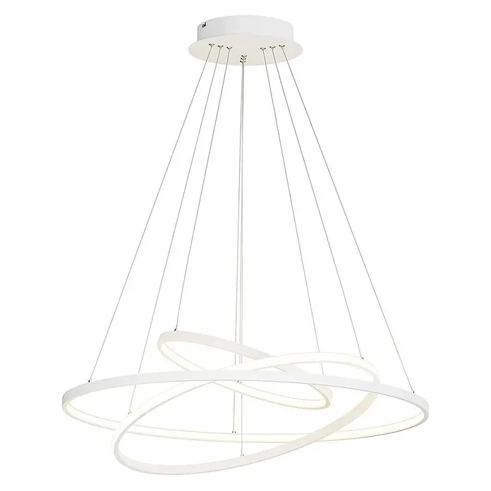 Lucande LED Pendelleuchte modern dimmbar, Esstisch Hängelampe Metall, -  - Weiße moderne LED-Pendelleuchte mit ineinander verschlungenen Ringen, von Deckenhalterung abgehängt.