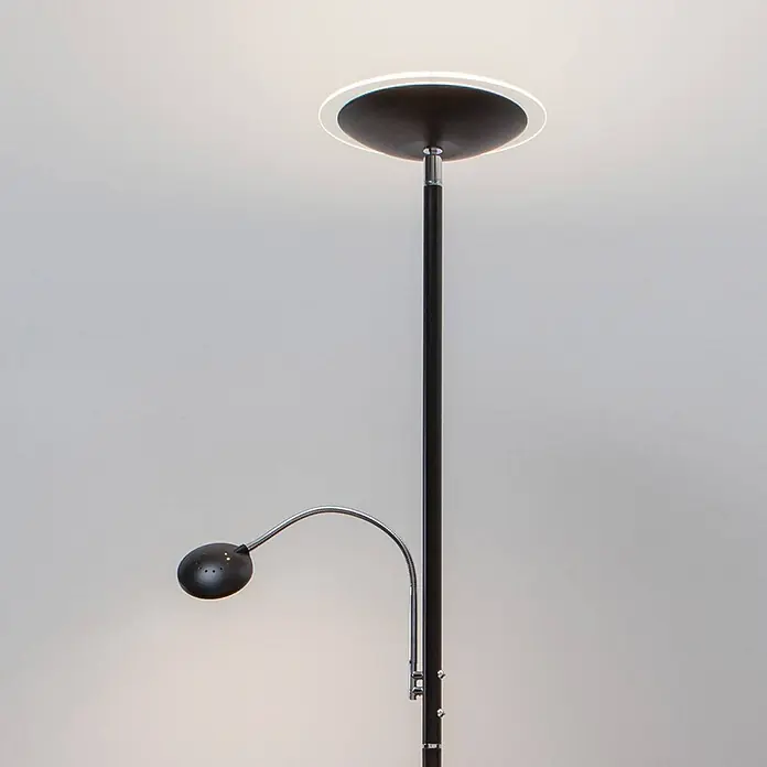 Lindby LED Stehlampe, Deckenfluter dimmbar, verstellbarer Lesearm -  - Schwarze Stehleuchte mit Uplight und verstellbarer Leselampe mit Chromhals.