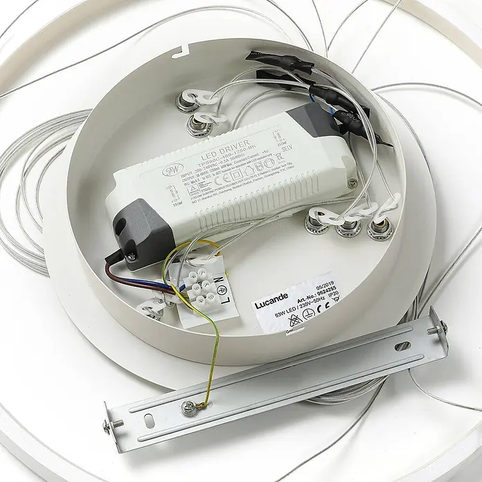 Lucande LED Pendelleuchte modern dimmbar, Esstisch Hängelampe Metall, -  - Innenansicht einer weißen LED-Leuchtenbasis mit LED-Treiber, Klemmenblock und sichtbaren Kabeln.