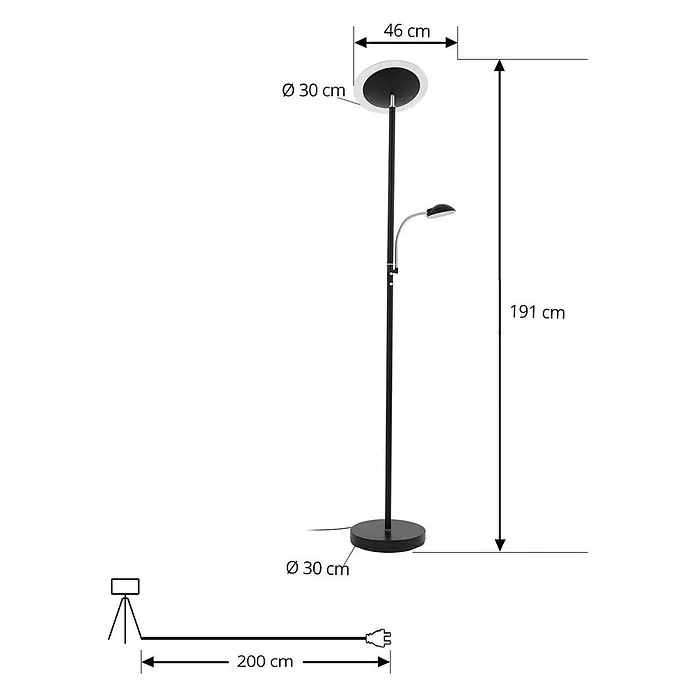 Lindby LED Stehlampe, Deckenfluter dimmbar, verstellbarer Lesearm -  - Schwarze Stehlampe aus Metall, 191 cm hoch, mit rundem Deckenfluter (30 cm Ø) und verstellbarem Leseleuchtenarm, 200 cm Kabel.