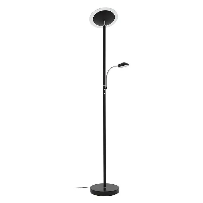 Lindby LED Stehlampe, Deckenfluter dimmbar, verstellbarer Lesearm -  - Schwarz-silberne Stehleuchte mit Deckenfluter und verstellbarer Leselampe an flexiblem Arm.