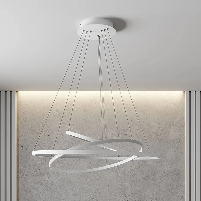 Lucande LED Pendelleuchte modern dimmbar, Esstisch Hängelampe Metall, -  - Moderne weiße LED-Deckenleuchte mit mehreren ineinander verschlungenen Ringen, von der Decke hängend.