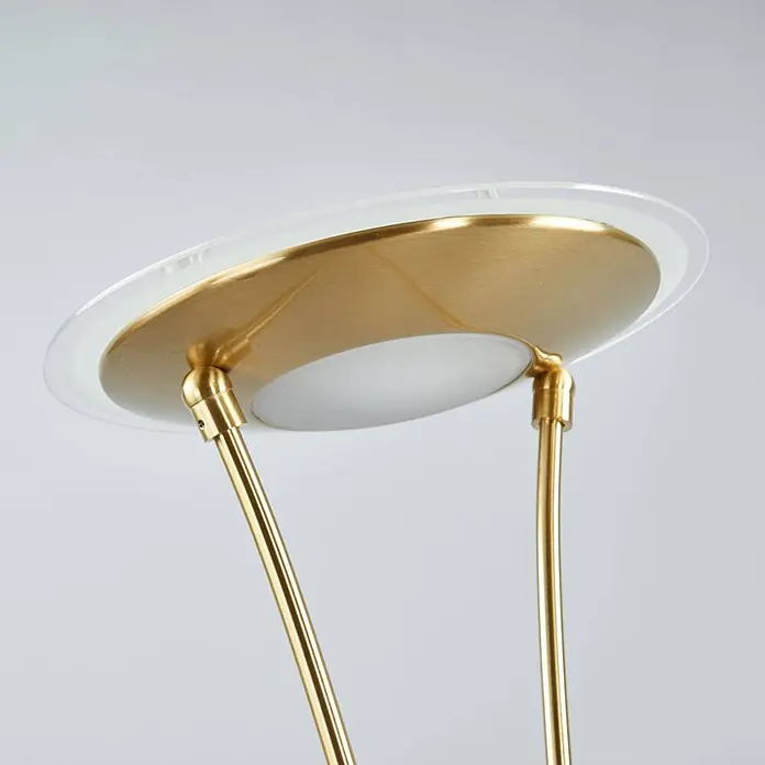 Lindby LED Stehlampe, Deckenfluter dimmbar, verstellbarer Lesearm -  - Oberteil einer Lampe mit rundem Schirm aus gebürstetem Messing, weißem Diffusor, transparentem Außenrand und goldenen Stützstangen.