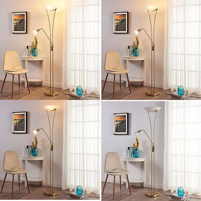 Lindby Stehlampe, Deckenfluter verstellbarer Lesearm, ohne Leuchtmittel -  - Goldfarbene Stehlampe mit Deckenfluter und verstellbarer Leselampe in einer gemütlichen Wohnecke.