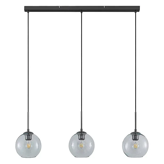 Lindby Pendelleuchte in transparent, Hängelampe -  - Dreiflammige Pendelleuchte mit schwarzer Leiste und klaren Glaskugelschirmen, Glühbirnen sichtbar.
