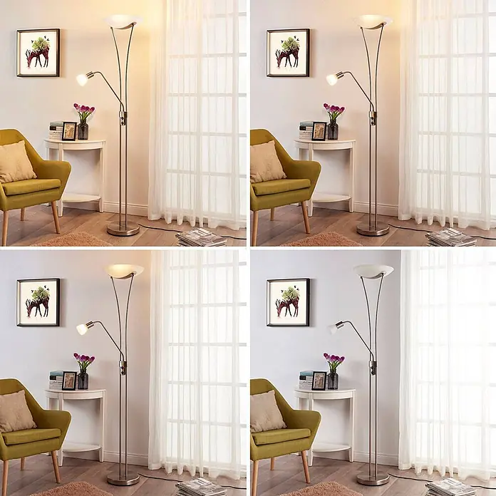 Lindby Stehlampe, Deckenfluter verstellbarer Lesearm, ohne Leuchtmittel -  - Stehleuchte aus gebürstetem Metall mit Deckenfluter und verstellbarer Leselampe in einer gemütlichen Wohnzimmerecke.