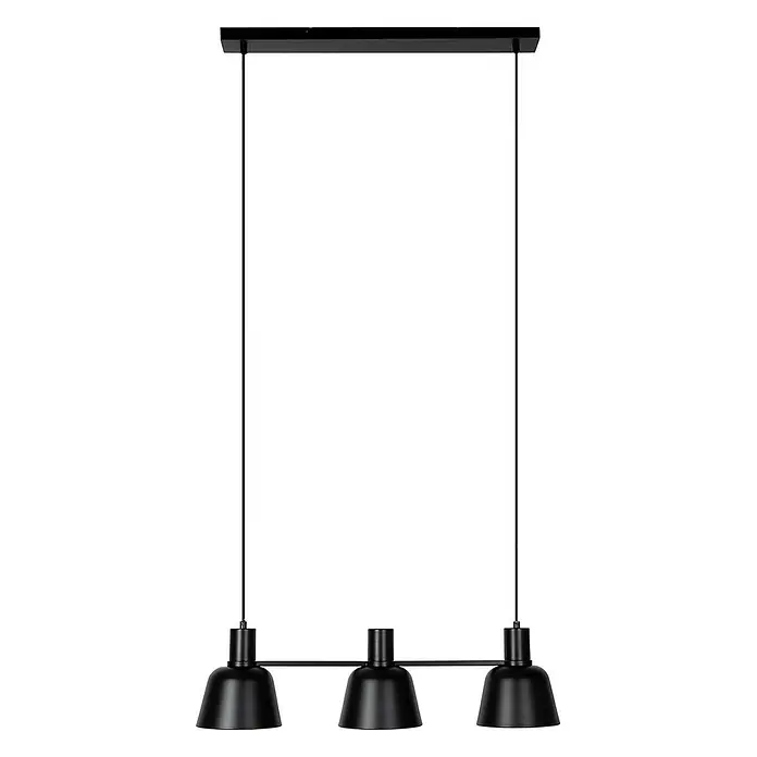 Lucande Pendelleuchte in schwarz matt, Hängelampe -  - Schwarze Hängelampe aus Metall mit drei kegelförmigen Schirmen, aufgehängt an einer rechteckigen Deckenplatte.