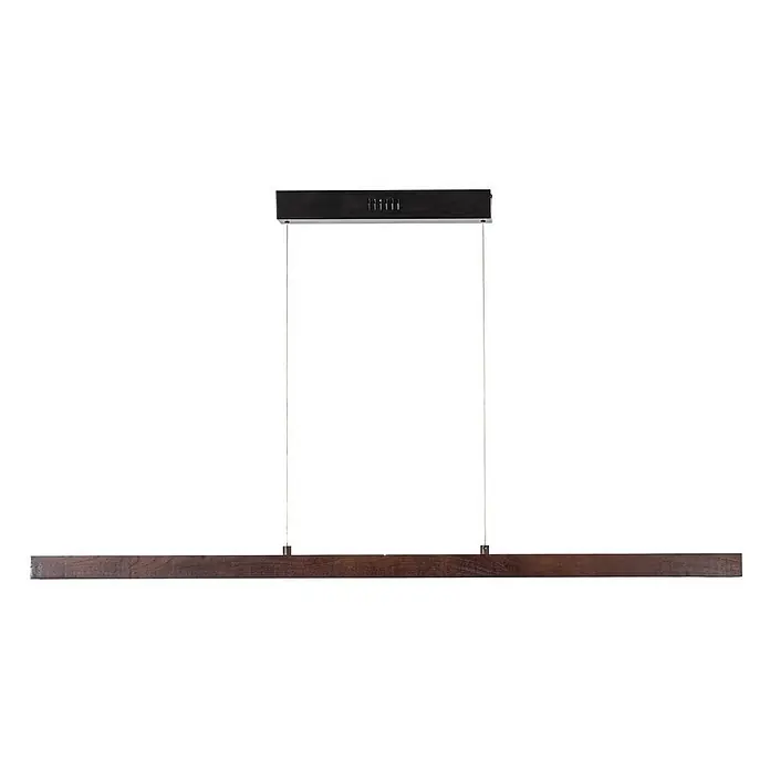 Lucande LED Pendelleuchte in walnuss, schwarz, dimmbar Hängelampe -  - Lineare Pendelleuchte mit dunkelbraunem Holzbalken und schwarzem rechteckiger Baldachin.