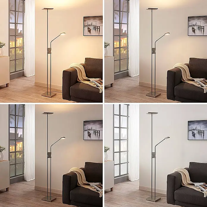 Lindby LED Stehlampe Wohnzimmer Deckenfluter dimmbar 180 cm Nickel -  - Eine moderne Stehleuchte aus gebürstetem Metall mit verstellbarer Leselampe beleuchtet eine gemütliche Wohnecke.