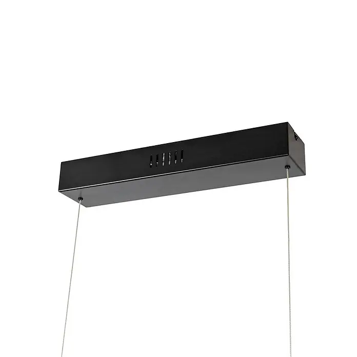 Lucande LED Pendelleuchte in walnuss, schwarz, dimmbar Hängelampe -  - Schwarze, rechteckige Pendelleuchtenkomponente aus Metall mit Lüftungsschlitzen und Aufhängedrähten.