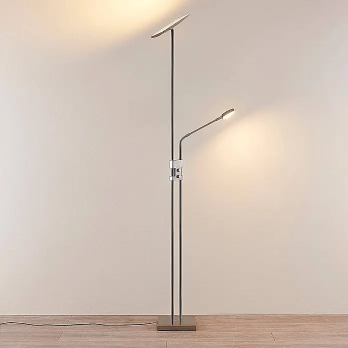 Lindby LED Stehlampe Wohnzimmer Deckenfluter dimmbar 180 cm Nickel -  - Moderne Metall-Stehlampe mit Deckenfluter und verstellbarer Leselampe.