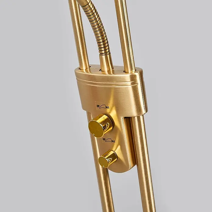 Lindby LED Stehlampe / Deckenfluter dimmbar, Standleuchte Glas Messing matt -  - Goldfarbene Dimmschalter aus gebürstetem Metall für eine Lampe mit zwei Drehknöpfen 'OFF MAX'.