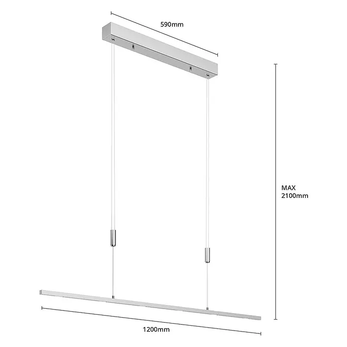 Lucande LED Pendelleuchte höhenverstellbar, dimmbar per Wandschalter -  - Silberne lineare Pendelleuchte mit verstellbaren Aufhängeseilen. Maße: 1200mm Leuchte, 590mm Deckenhalterung, max. 2100mm Höhe.