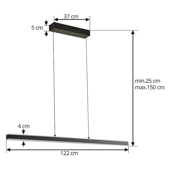 Lucande LED Pendelleuchte in schwarz, dimmbar up down Hängelampe -  - Schwarze lineare LED-Pendelleuchte mit 37x5 cm Baldachin und 122x4 cm Leuchtbalken. Höhenverstellbar 25-150 cm.