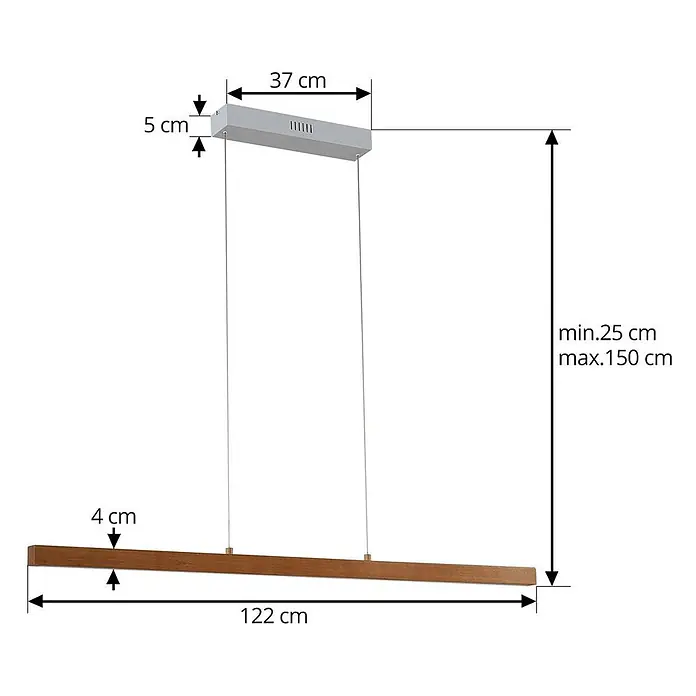 Lucande LED Pendelleuchte in holz, dimmbar Hängelampe -  - Verstellbare Pendelleuchte mit silbernem Baldachin und langer, rechteckiger brauner Holzlichtleiste. Höhenverstellbar von 25 bis 150 cm.