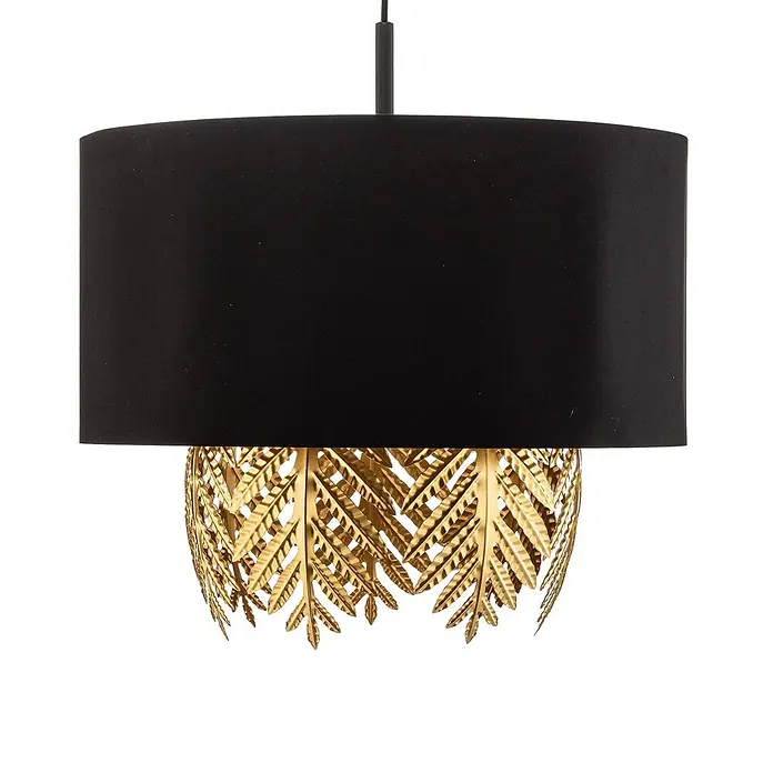 Lucande Pendelleuchte in schwarz, gold, Hängelampe -  - Schwarze Stoff-Deckenleuchte mit goldfarbenem Metallfuß im Farnblattmuster.