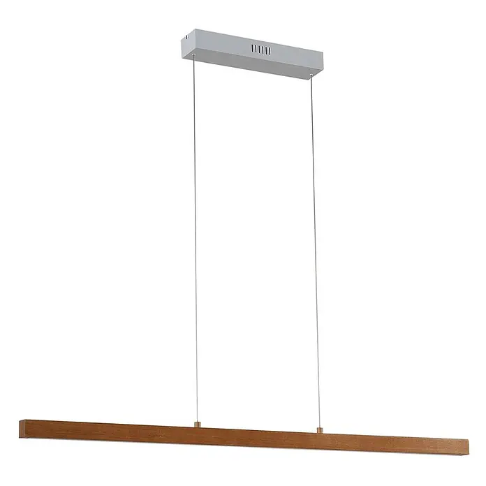 Lucande LED Pendelleuchte in holz, dimmbar Hängelampe -  - Lineare Pendelleuchte mit grauem rechteckigem Deckenbaldachin und brauner Holzoptik-Leiste, an dünnen Drähten aufgehängt.
