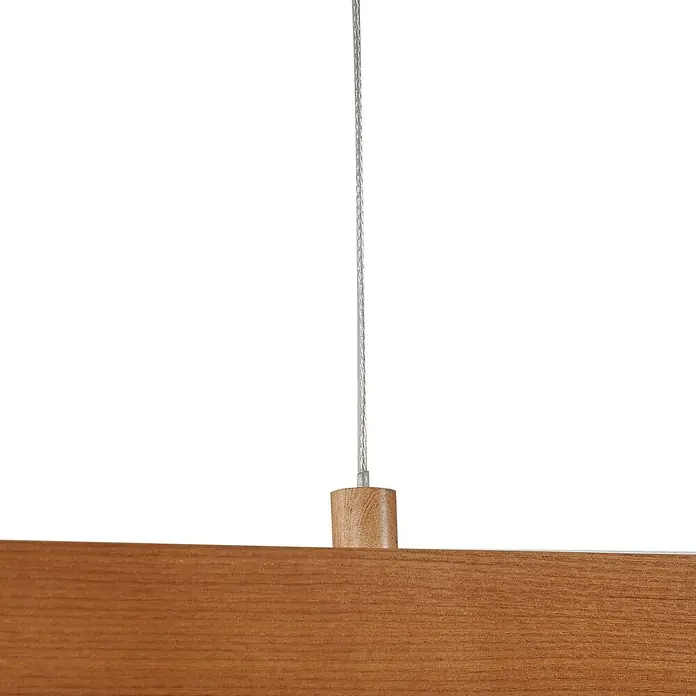 Lucande LED Pendelleuchte in holz, dimmbar Hängelampe -  - Hellebraune Holz-Pendelleuchte, aufgehängt an einem dünnen Metallkabel.