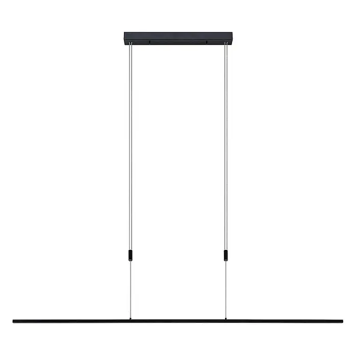 Lucande LED Pendelleuchte in schwarz matt, Hängelampe -  - Minimalistische schwarze lineare LED-Pendelleuchte, an zwei dünnen Kabeln von einer rechteckigen Deckenplatte abgehängt.