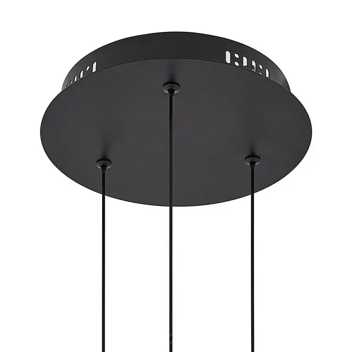 Lucande LED Pendelleuchte in schwarz, transparent getönt, Hängelampe -  - Schwarze, runde Metall-Deckenrosette mit drei Pendelleuchtenkabeln.