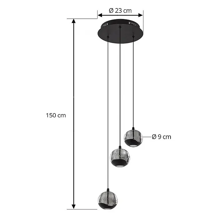 Lucande LED Pendelleuchte in schwarz, transparent getönt, Hängelampe -  - Schwarze Pendelleuchte mit drei kugelförmigen Glaslampen, je 9 cm Durchmesser, 150 cm lang, an einer 23 cm schwarzen Deckenplatte.