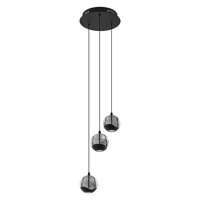 Lucande LED Pendelleuchte in schwarz, transparent getönt, Hängelampe -  - Dreiflammige Pendelleuchte mit runder, schwarzer Deckenhalterung. Jeder kugelförmige Schirm hat klares Strukturglas und einen schwarzen Sockel.