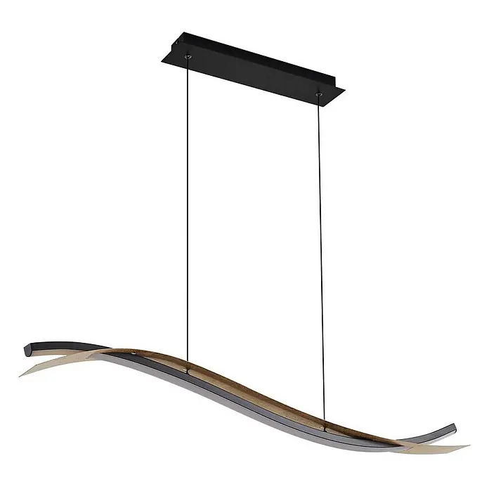 Lucande LED Pendelleuchte in blattgold, schwarz, Hängelampe -  - Moderne Pendelleuchte mit schwarzem Baldachin und gewellter, länglicher Fassung in Schwarz-Gold-Tönen, an Kabeln hängend.