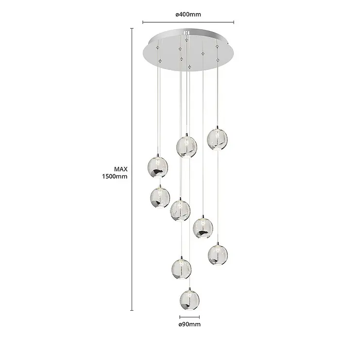Lucande LED Pendelleuchte in transparent, chrom, Hängelampe -  - Mehrflammige Pendelleuchte mit 9 klaren und verchromten Glaskugeln an einer Chromdeckeplatte, max. 1500mm Höhe.
