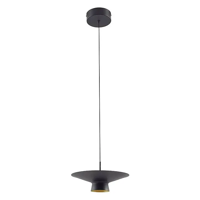 Lindby Pendelleuchte Norvind - schwarz, sandSchwarz, gold - Matte schwarze Pendelleuchte mit scheibenförmigem Schirm und goldener Innenseite, von einer runden Deckenrosette hängend.