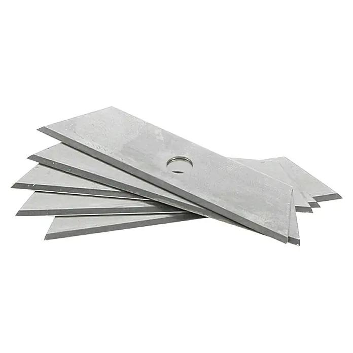 Wisent Ersatzklingen STM 5Passend für: Wisent Sicherheitsmesser STM 70, 5 Stk. - Stapel scharfer Hobelmesser aus Metall mit einer Öffnung, die für Holzbearbeitungsarbeiten verwendet werden.