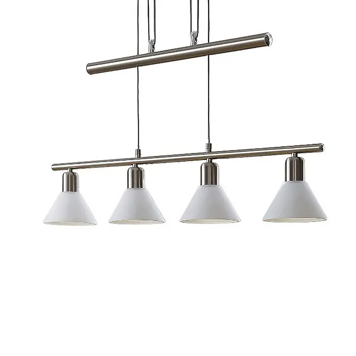 Lindby Pendelleuchte Esstisch höhenverstellbar Hängelampe Glas weiß -  - Moderne Hängeleuchte mit vier Lichtern, gebürstetem Metallrahmen und vier weißen konischen Schirmen.