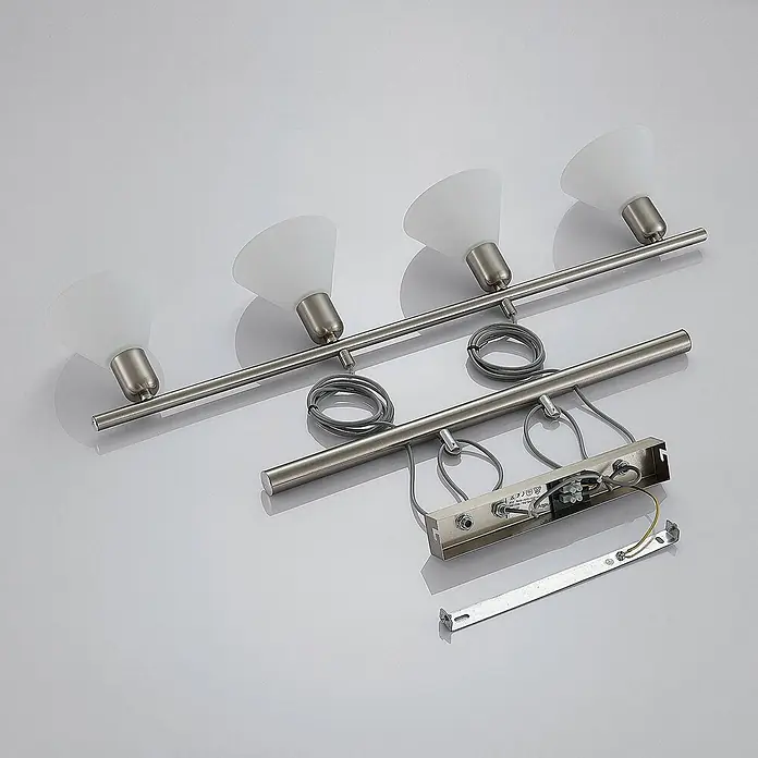 Lindby Pendelleuchte Esstisch höhenverstellbar Hängelampe Glas weiß -  - Gebürstete 4-Spot-Schiene mit Milchglas-Schirmen, teilweise zerlegt mit Montagehalterung und Verkabelung.